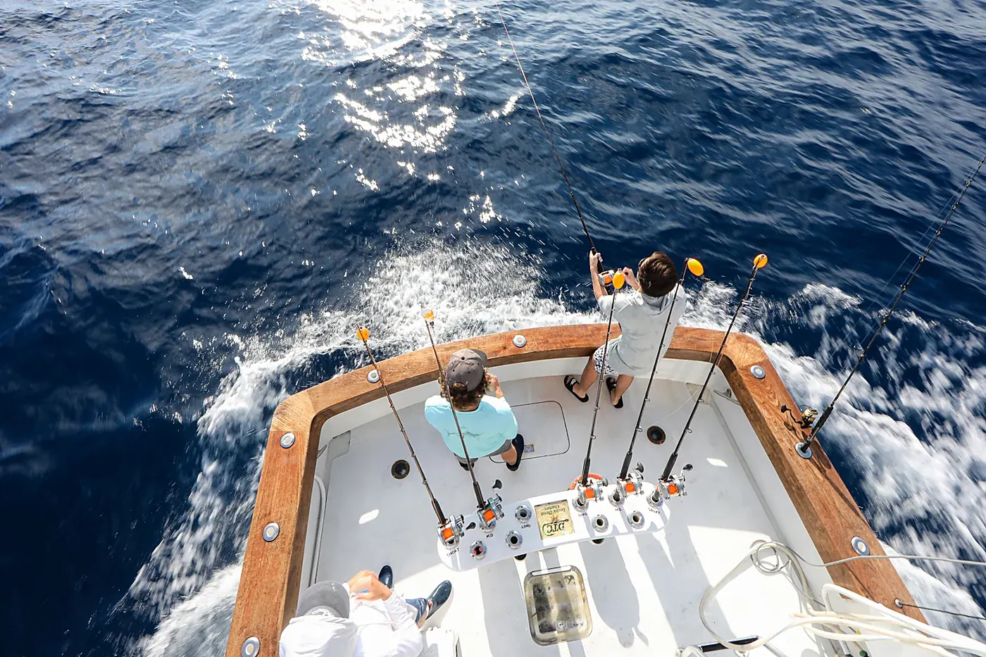 Looking down from the tuna tower at anglers hooked up in the Double Threat's cockpit